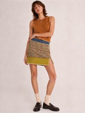 YANYAN KNITS $275 Tweedle Mini Skirt In Rainbow Ochre Embroidered Stitch Y2K FUN